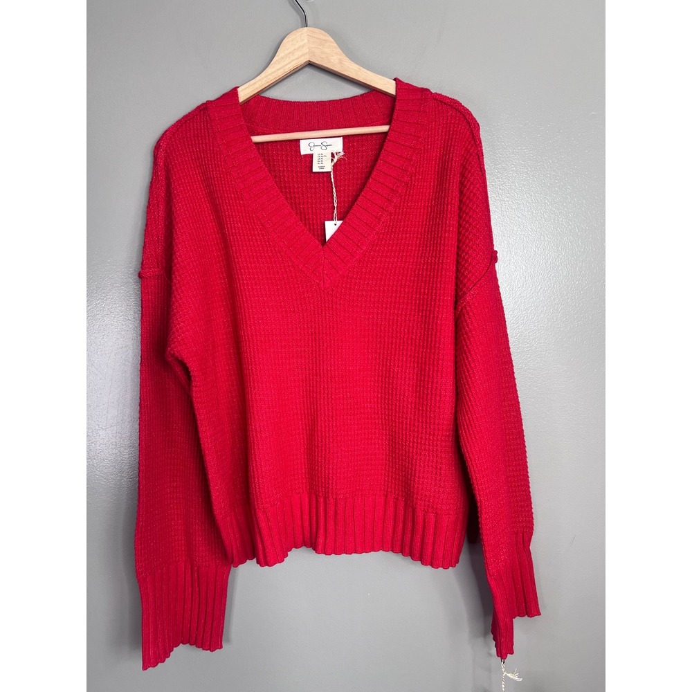 Jessica Simpson Red Waffle Knit V-Neck Sweater XL winter holiday cozy chic